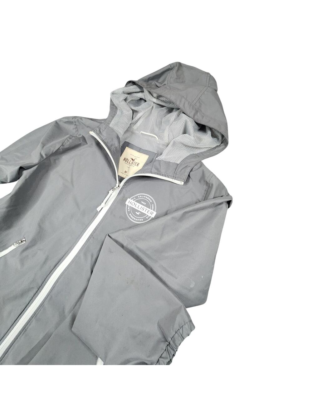 Hollister full zip Jacket Medium gray raincoat Hood, sinch cord & zip pockets